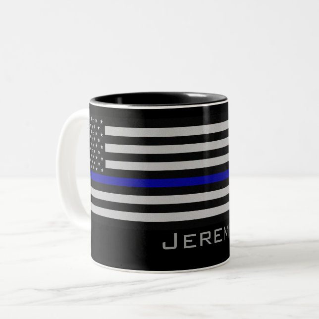 Personalised Name Thin Blue Line Flag Two-Tone Coffee Mug (Front Left)
