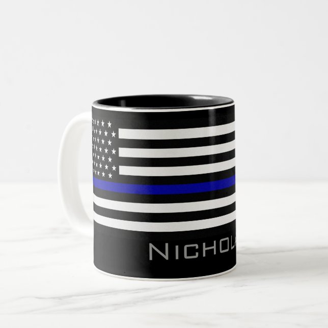 Personalised Name Thin Blue Line Flag Two-Tone Coffee Mug (Front Left)