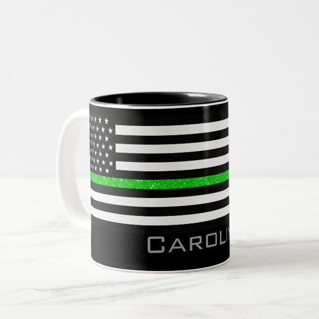 Personalised Name Thin Green Line Glitter Flag Two-Tone Coffee Mug (Front Left)