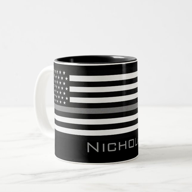Personalised Name Thin Grey Line Flag Two-Tone Coffee Mug (Front Left)