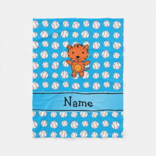 Personalised name tiger blue baseballs fleece blanket
