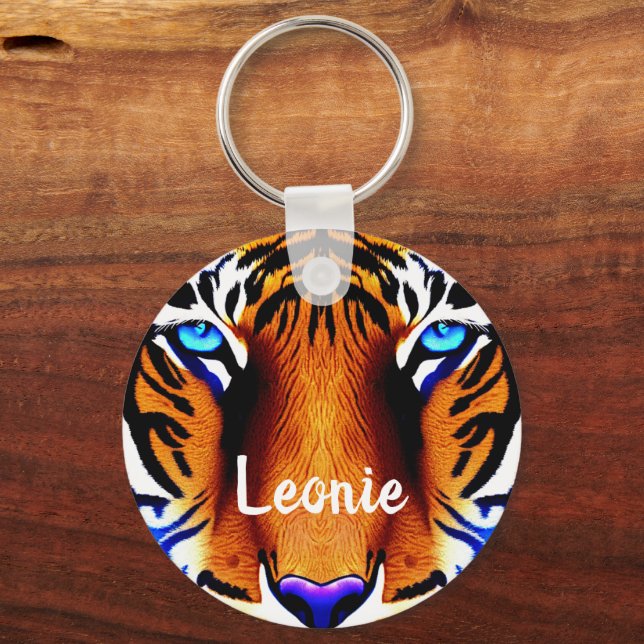 Personalised Name Tiger Cat Face Head Cute Animal Key Ring (Front)