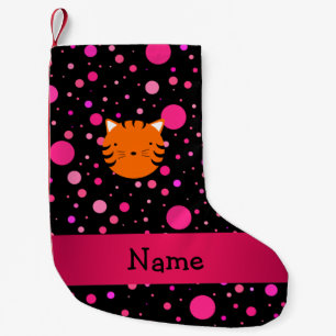 Personalised name tiger face black pink polka dots small christmas stocking