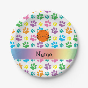 Personalised name tiger face rainbow paws paper plate