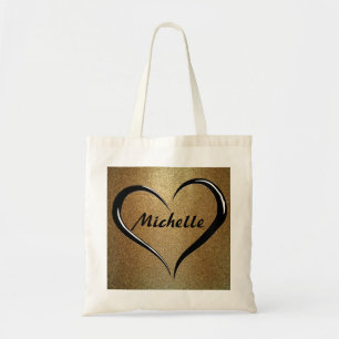 Personalised Name Tote Bag on Gold & Black Heart