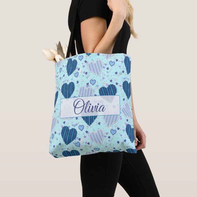 Personalised Name Tote Bag with Pretty Blue Hearts (Close Up)