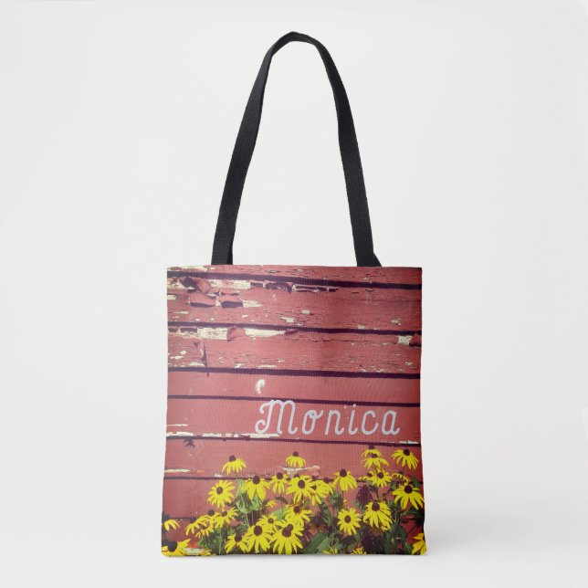 Personalised Name Tote with Rustic Wood & Flowers Bag (Front)