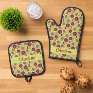 Personalised Name Trailing Flower Red on Yellow Oven Mitt & Pot Holder Set