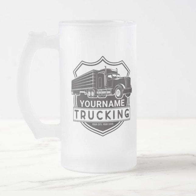 Personalised NAME Trucking Big Rig Semi Trucker  Frosted Glass Beer Mug (Left)
