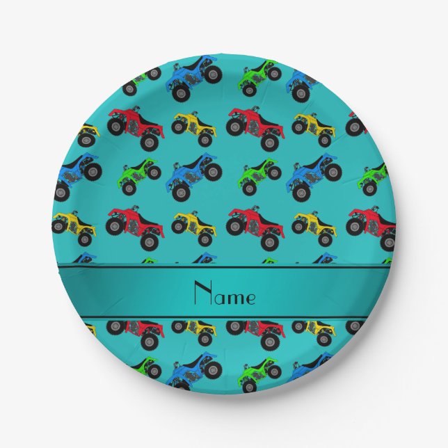 Personalised name turquoise atv pattern paper plate (Front)