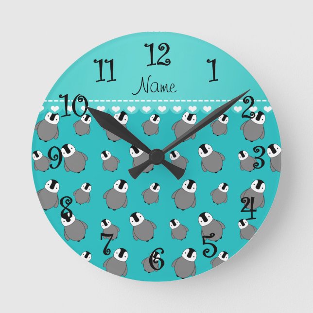 Personalised name turquoise baby penguins round clock (Front)