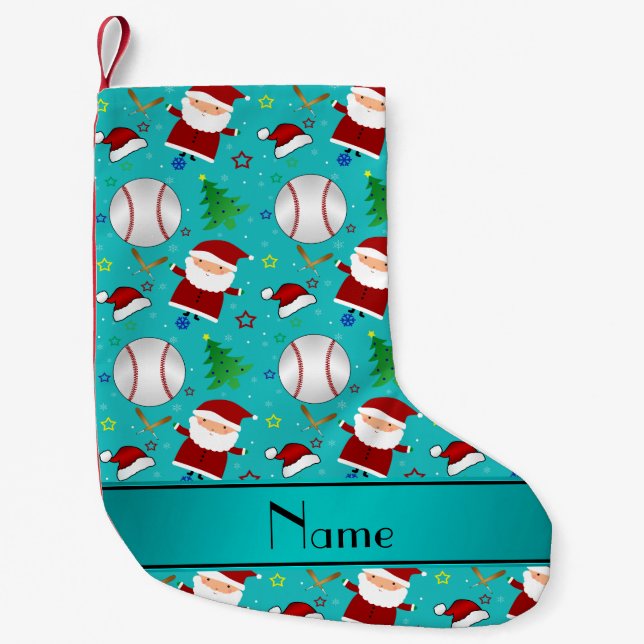 Personalised name turquoise baseball christmas small christmas stocking (Front)