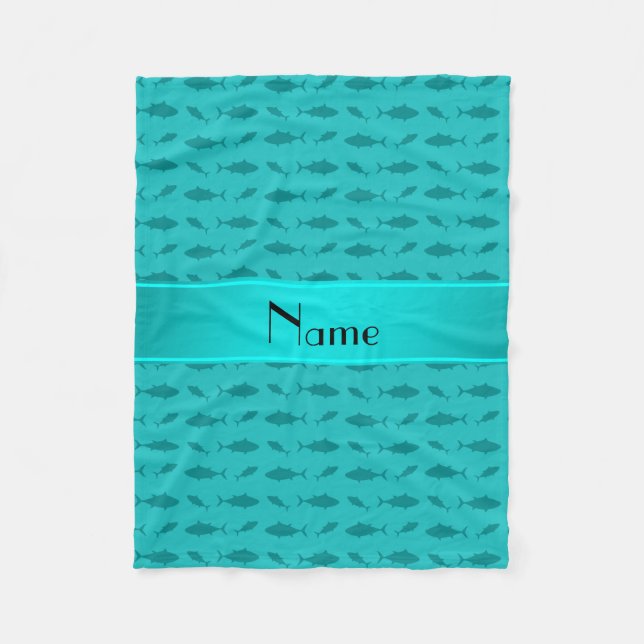 Personalised name turquoise bluefin tuna pattern fleece blanket (Front)
