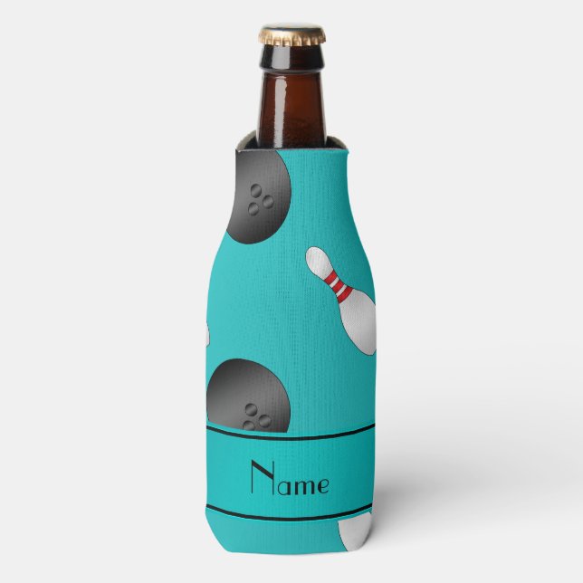 Personalised name turquoise bowling balls pins bottle cooler (Bottle Front)