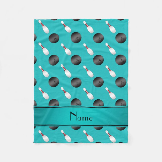 Personalised name turquoise bowling balls pins fleece blanket (Front)