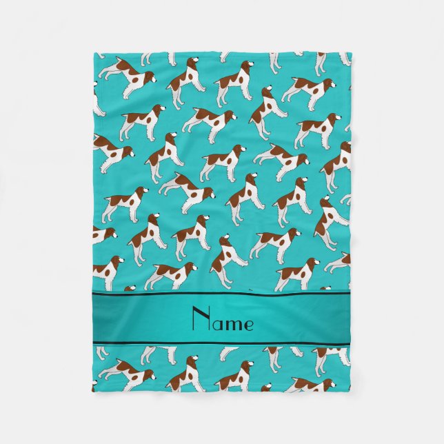 Personalised name turquoise brittany spaniel dogs fleece blanket (Front)