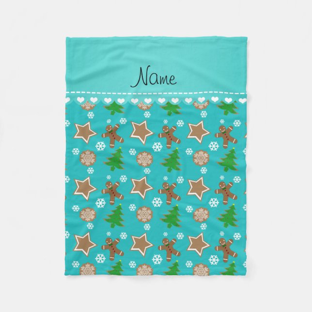 Personalised name turquoise christmas cookies fleece blanket (Front)