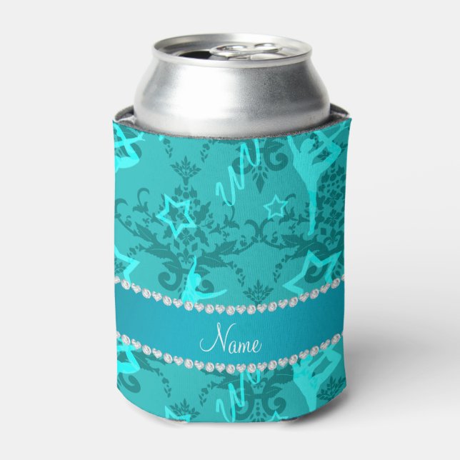 Personalised name turquoise damask gymnastics can cooler (Can Front)