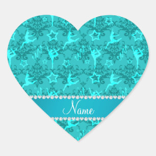 Personalised name turquoise damask gymnastics heart sticker