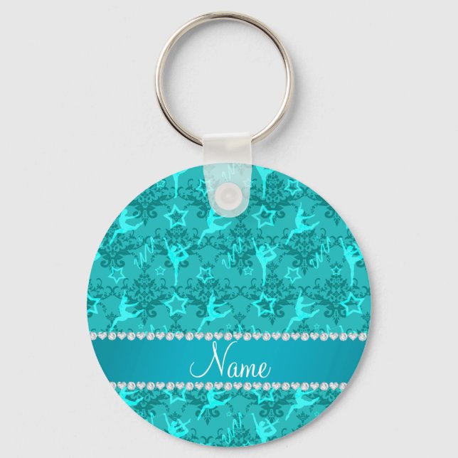 Personalised name turquoise damask gymnastics key ring (Front)