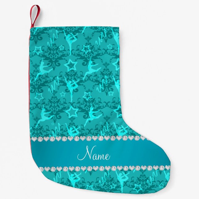 Personalised name turquoise damask gymnastics small christmas stocking (Front)