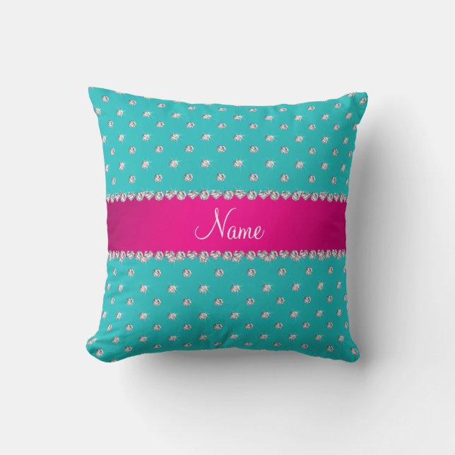 Personalised name turquoise diamonds pink stripe cushion (Front)