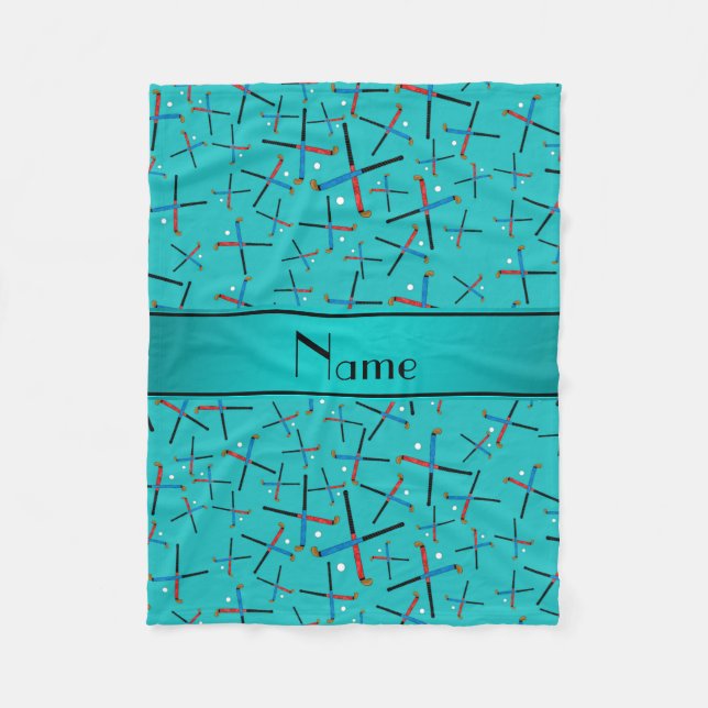 Personalised name turquoise field hockey fleece blanket (Front)