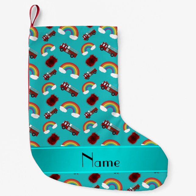 Personalised name turquoise fire trucks rainbows small christmas stocking (Front)