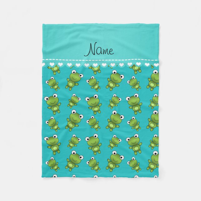Personalised name turquoise frogs fleece blanket (Front)