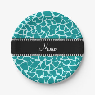 Personalised name turquoise giraffe pattern paper plate