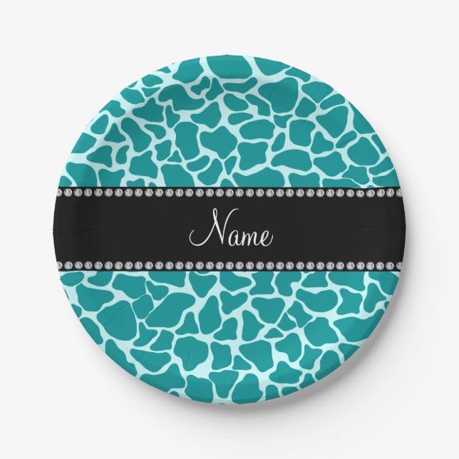 Personalised name turquoise giraffe pattern paper plate (Front)