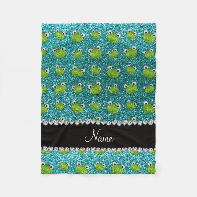 Personalised name turquoise glitter frogs fleece blanket (Front)