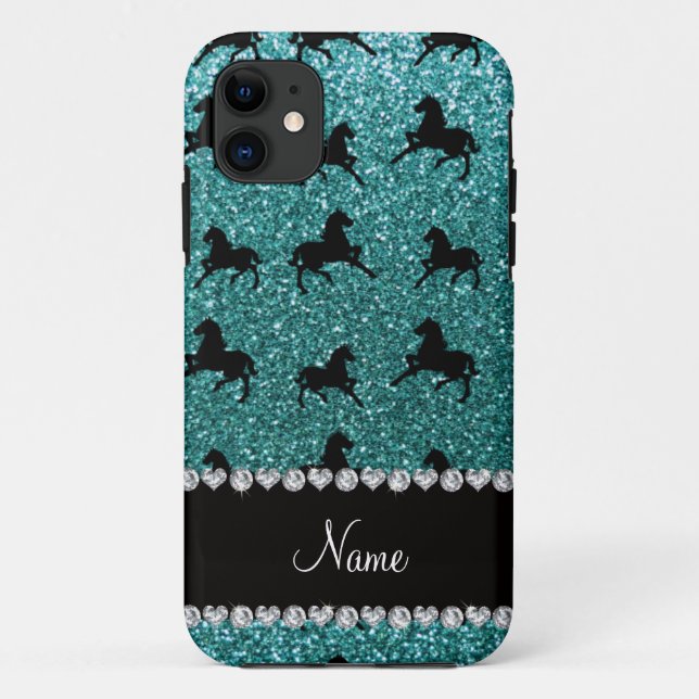 Personalised name turquoise glitter horses Case-Mate iPhone case (Back)