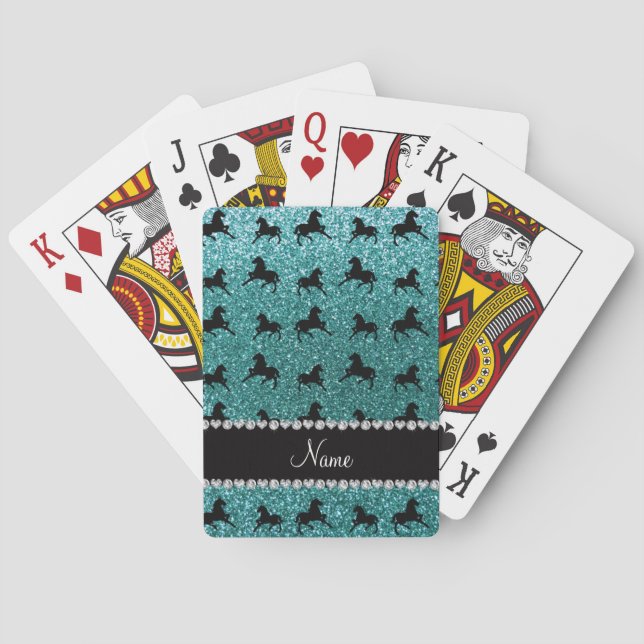 Personalised name turquoise glitter horses playing cards (Back)