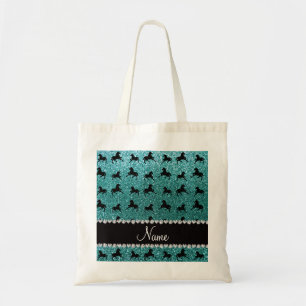 Personalised name turquoise glitter horses tote bag
