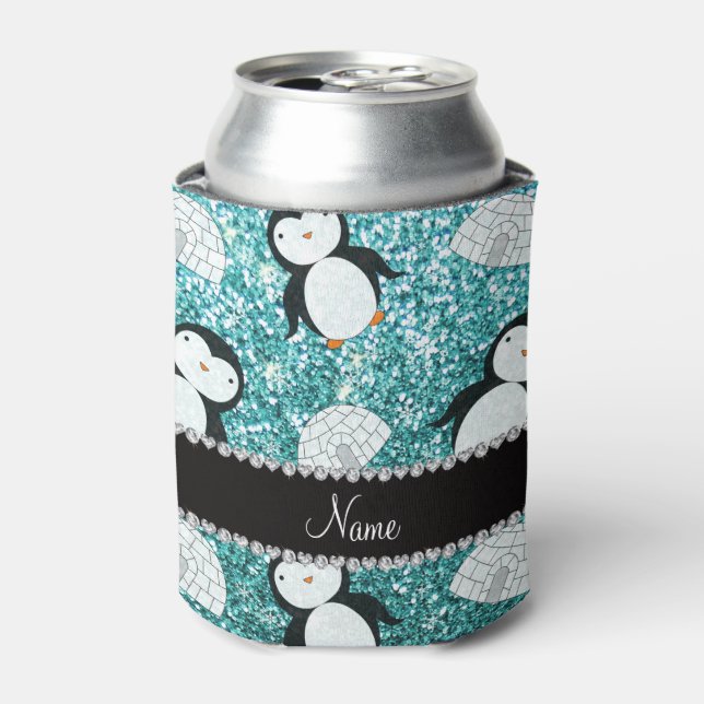 Personalised name turquoise glitter penguins igloo can cooler (Can Front)