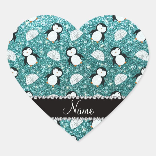 Personalised name turquoise glitter penguins igloo heart sticker (Front)