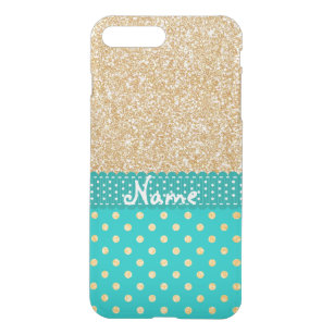 Personalised Name Turquoise Gold Glitter Polka Dot iPhone 8 Plus/7 Plus Case
