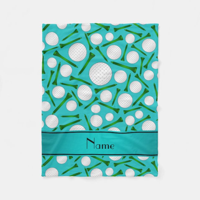 Personalised name turquoise golf balls tees fleece blanket (Front)