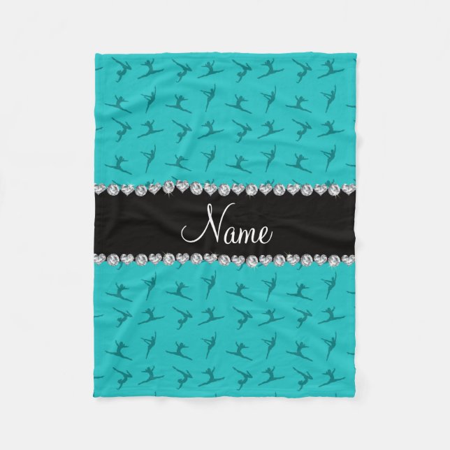 Personalised name turquoise gymnastics pattern fleece blanket (Front)