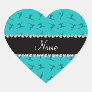 Personalised name turquoise gymnastics pattern heart sticker