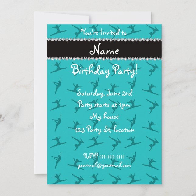Personalised name turquoise gymnastics pattern invitation (Front)