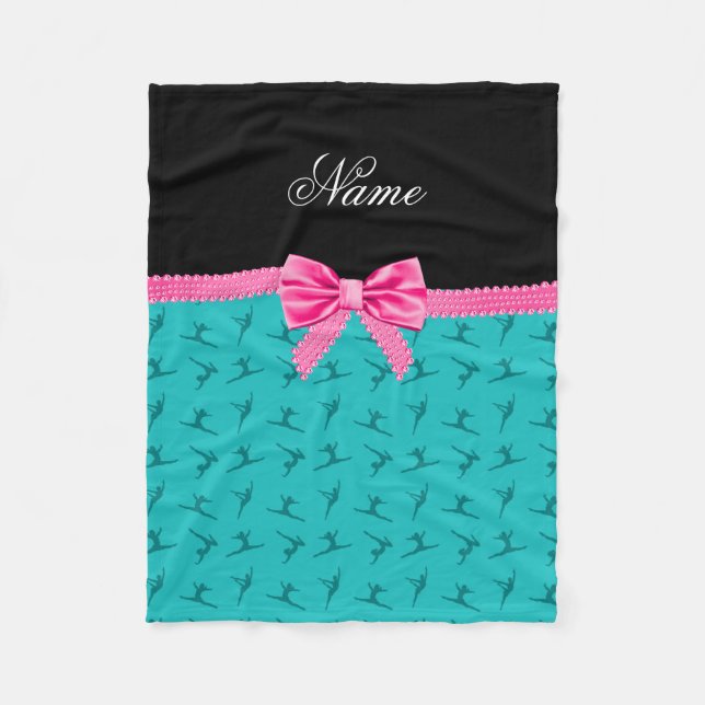 Personalised name turquoise gymnastics pink bow fleece blanket (Front)