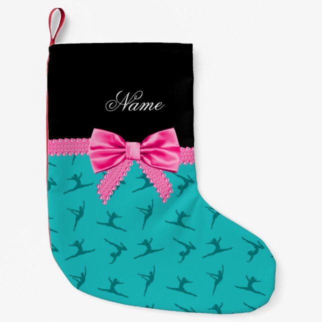 Personalised name turquoise gymnastics pink bow small christmas stocking (Front)