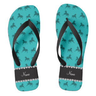 Personalised name turquoise horse pattern flip flops