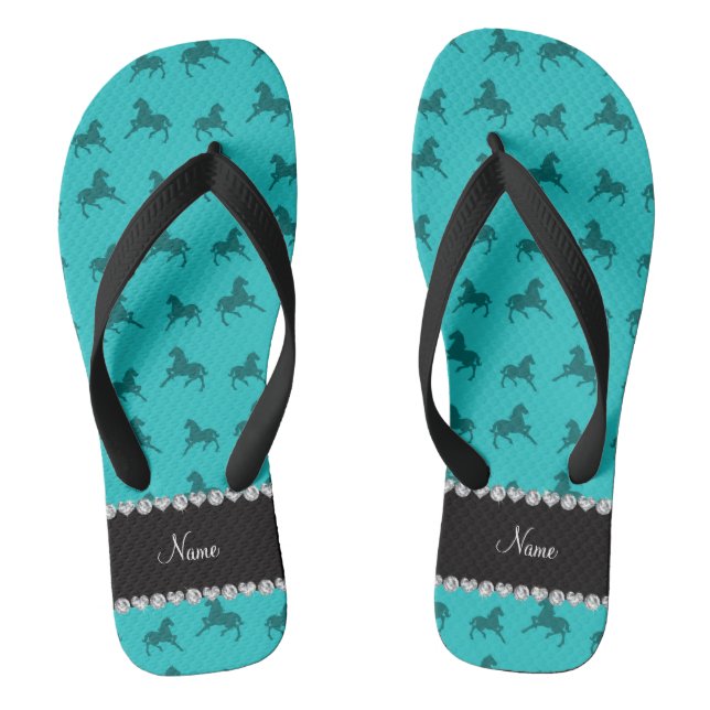 Personalised name turquoise horse pattern flip flops (Footbed)