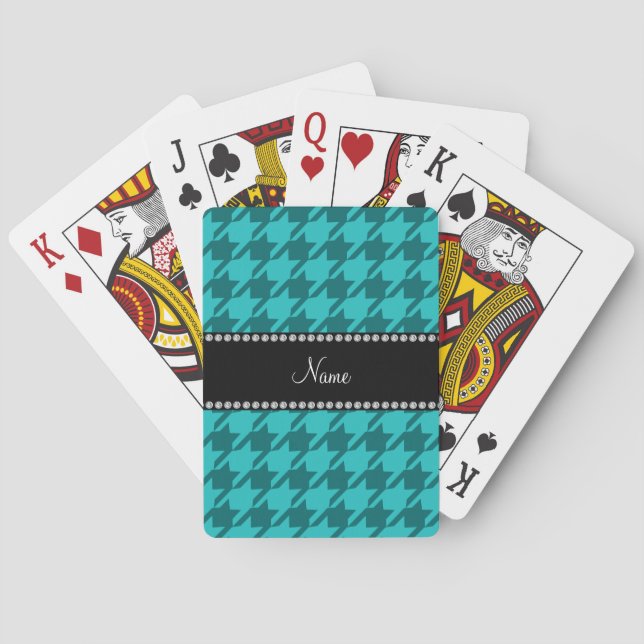 Personalised name turquoise houndstooth playing cards (Back)