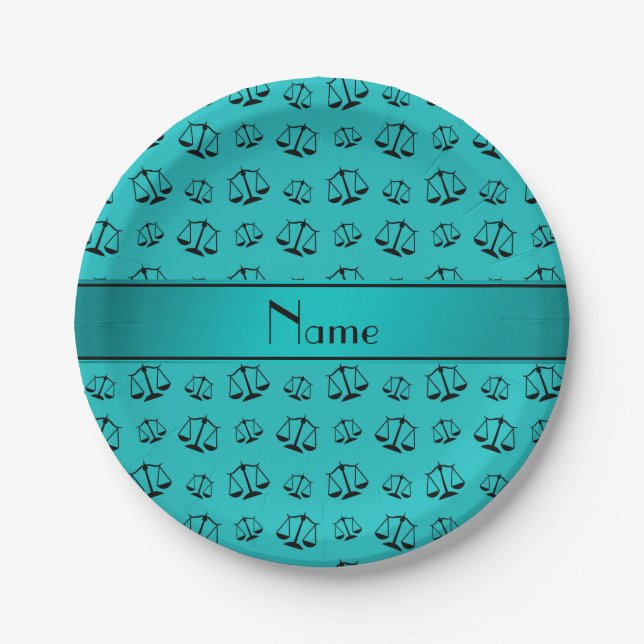 Personalised name turquoise justice scales paper plate (Front)