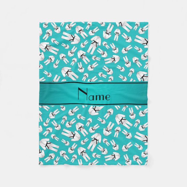 Personalised name turquoise karate pattern fleece blanket (Front)