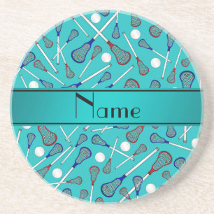 Personalised name turquoise lacrosse pattern coaster